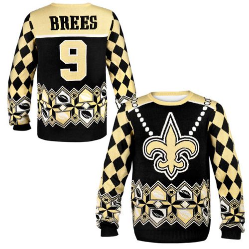 Nike Saints #9 Drew Brees Black/Gold Men's Ugly Sweater - Click Image to Close